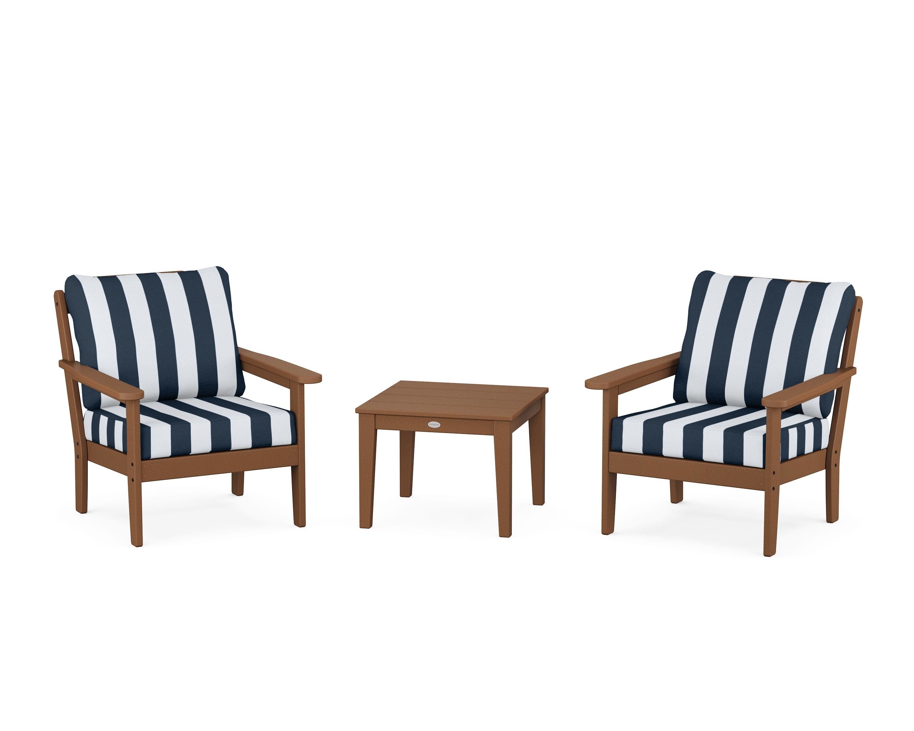 Country Living Cottage 3-Piece Deep Seating Set in Teak / Cabana Stripe Marine Indigo
