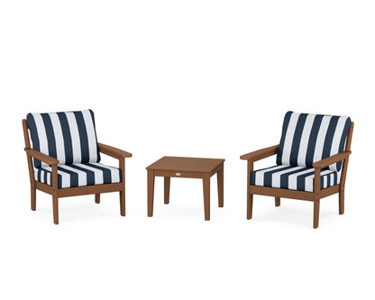 Country Living Cottage 3-Piece Deep Seating Set in Teak / Cabana Stripe Marine Indigo