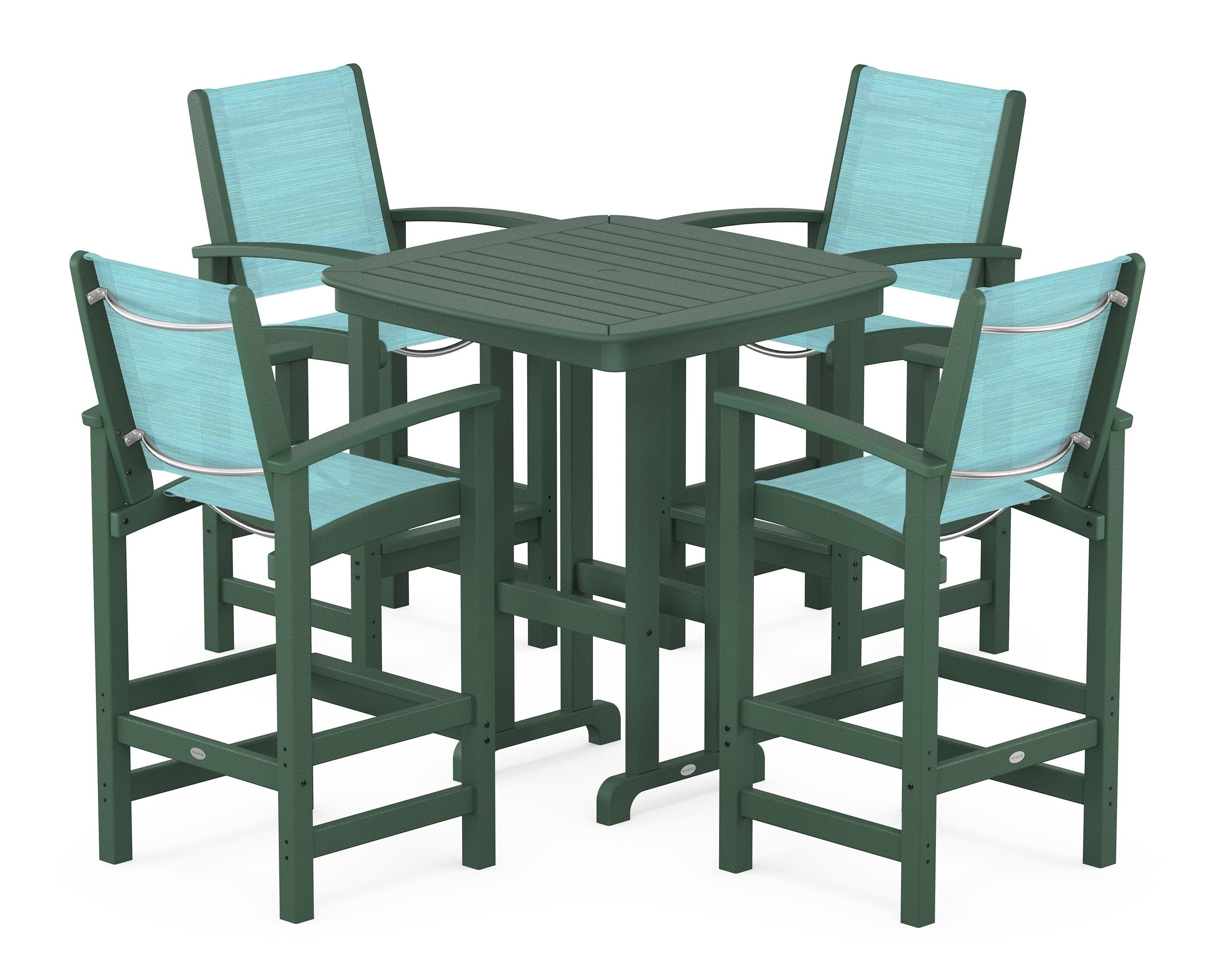 POLYWOOD® Coastal 5-Piece Bar Set in Green / Dupioni Aquamarine Sling