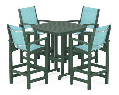 POLYWOOD® Coastal 5-Piece Bar Set in Green / Dupioni Aquamarine Sling