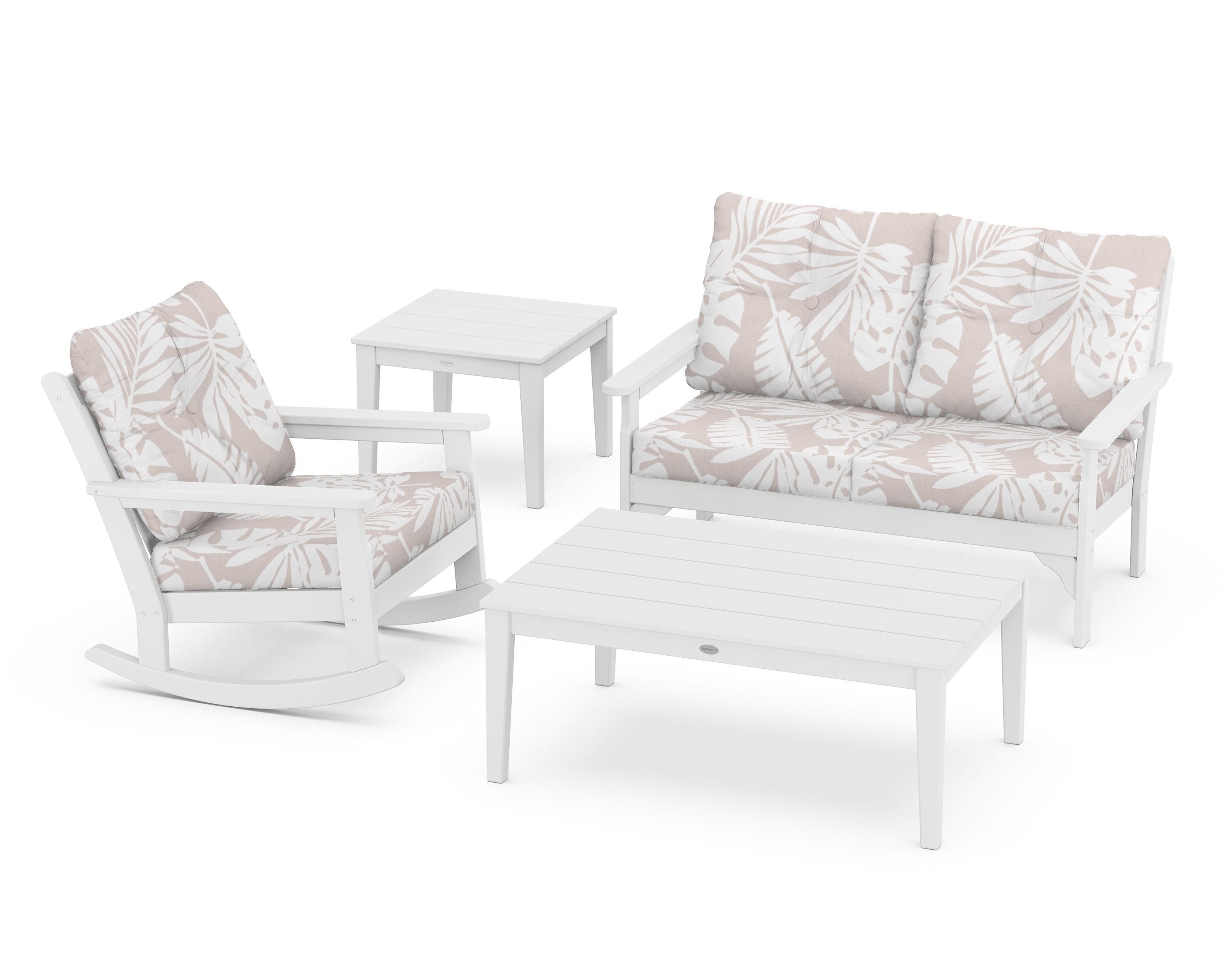 POLYWOOD® Vineyard 4-Piece Deep Seating Rocker Set in White / Leaf Dune Burlap