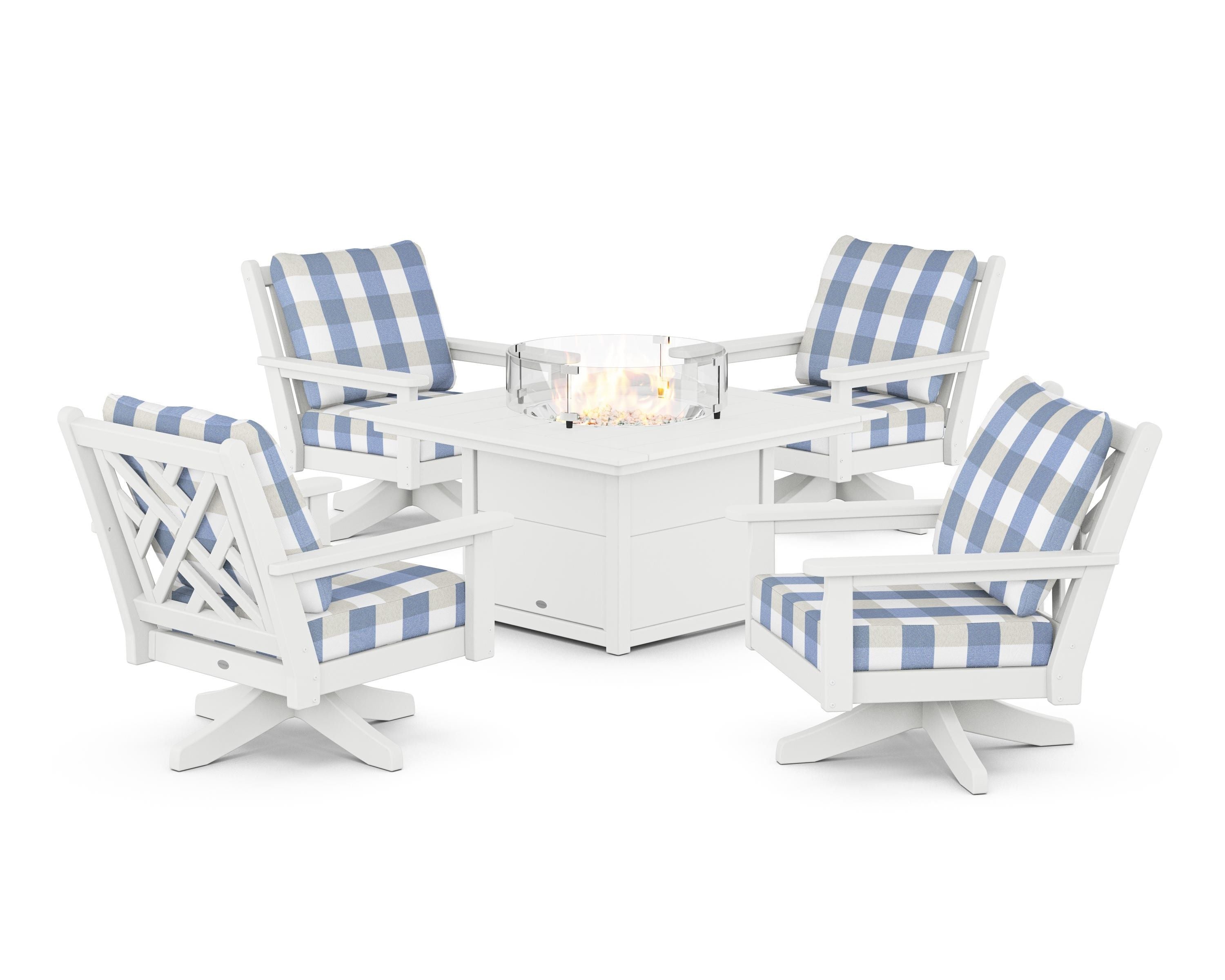 POLYWOOD® Chippendale 5-Piece Deep Seating Swivel Conversation Set with Fire Pit Table in White / Buffalo Plaid Sky Blue