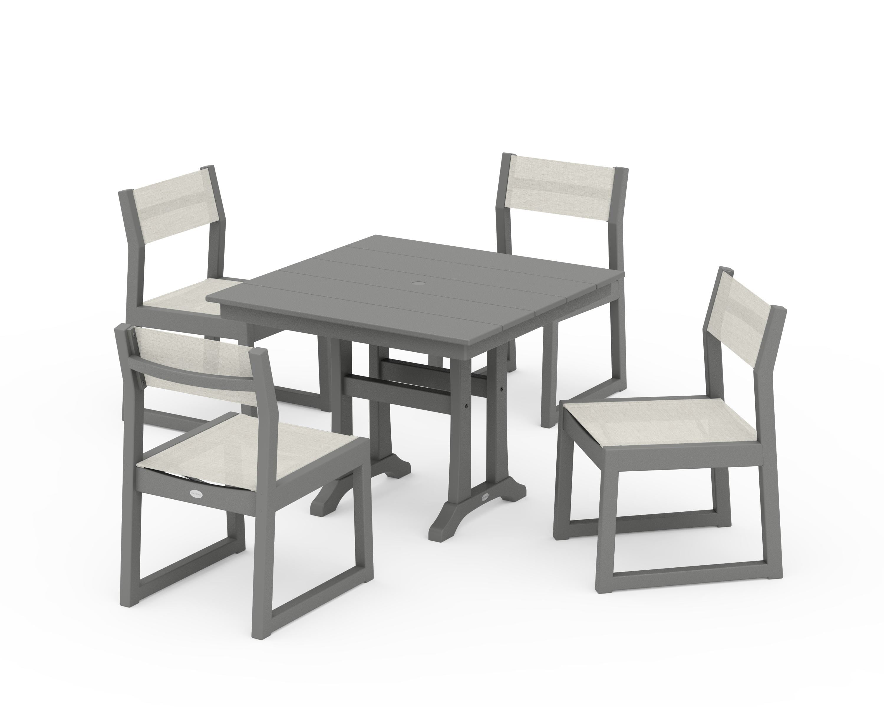 POLYWOOD® EDGE Sling 5-Piece Farmhouse Trestle Side Chair Dining Set in Slate Grey / Parchment Sling