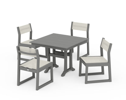 POLYWOOD® EDGE Sling 5-Piece Farmhouse Trestle Side Chair Dining Set in Slate Grey / Parchment Sling