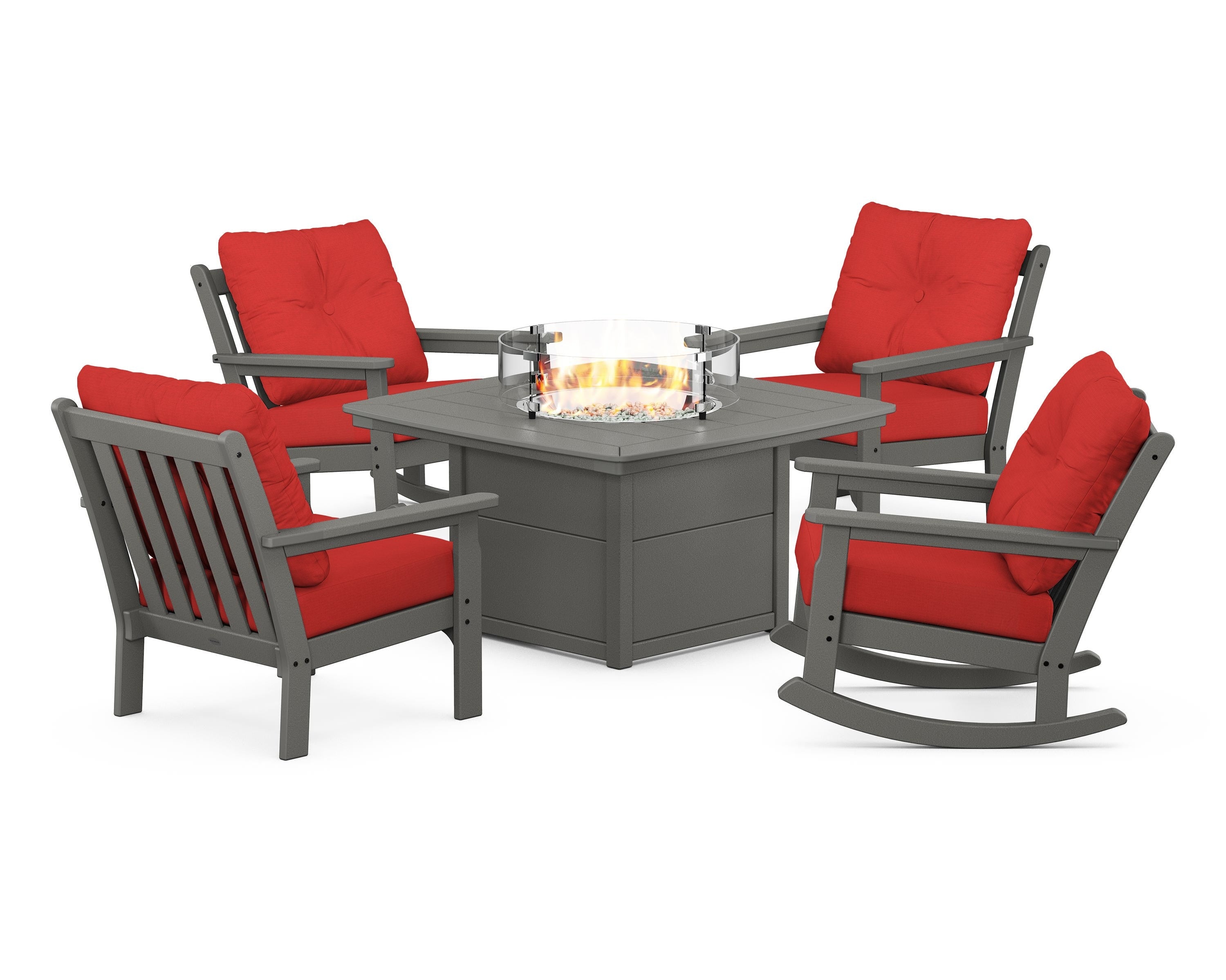 POLYWOOD® Vineyard 5-Piece Deep Seating Rocking Chair Conversation Set with Fire Pit Table in Slate Grey / Crimson Linen