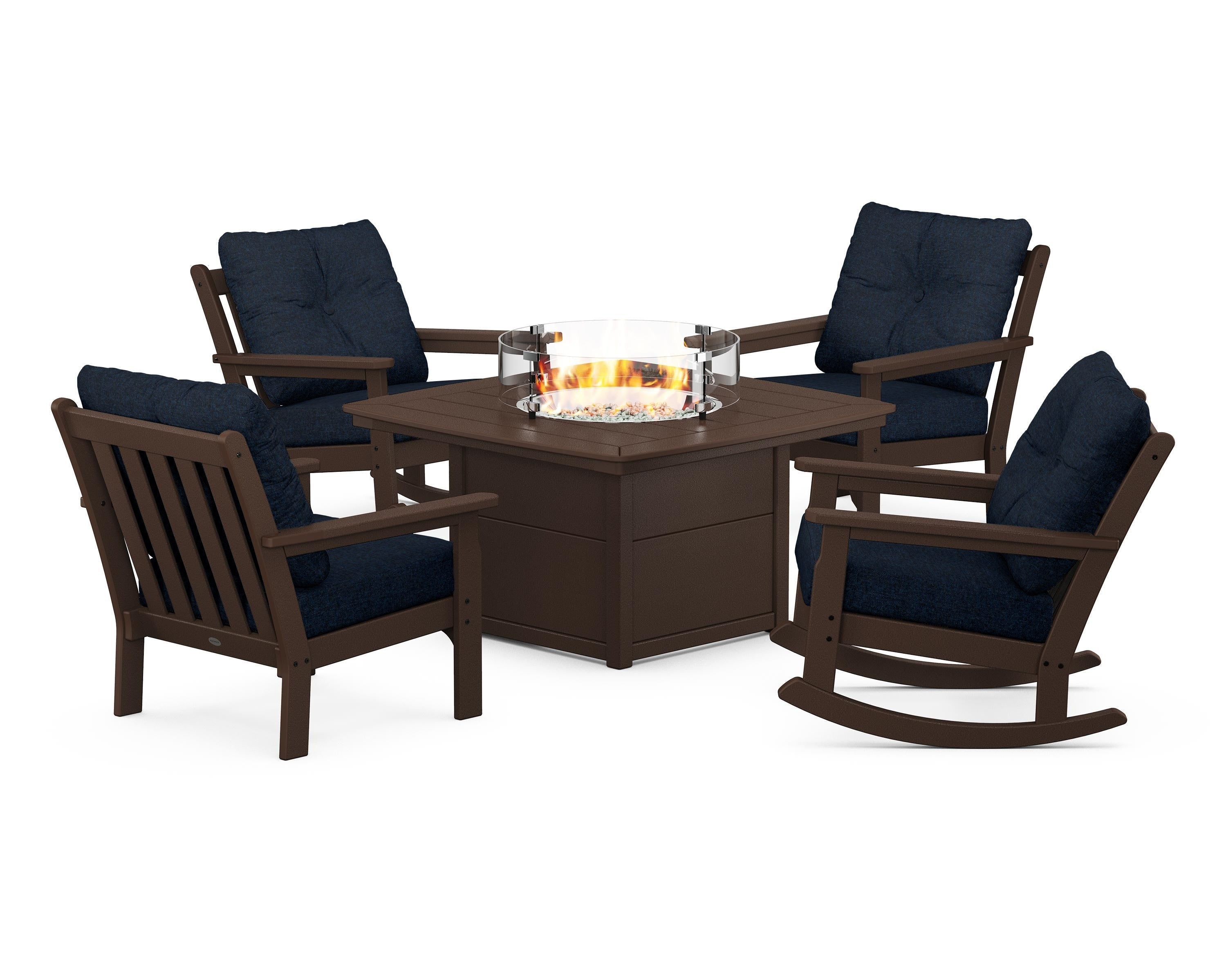 POLYWOOD® Vineyard 5-Piece Deep Seating Rocking Chair Conversation Set with Fire Pit Table in Mahogany / Marine Indigo