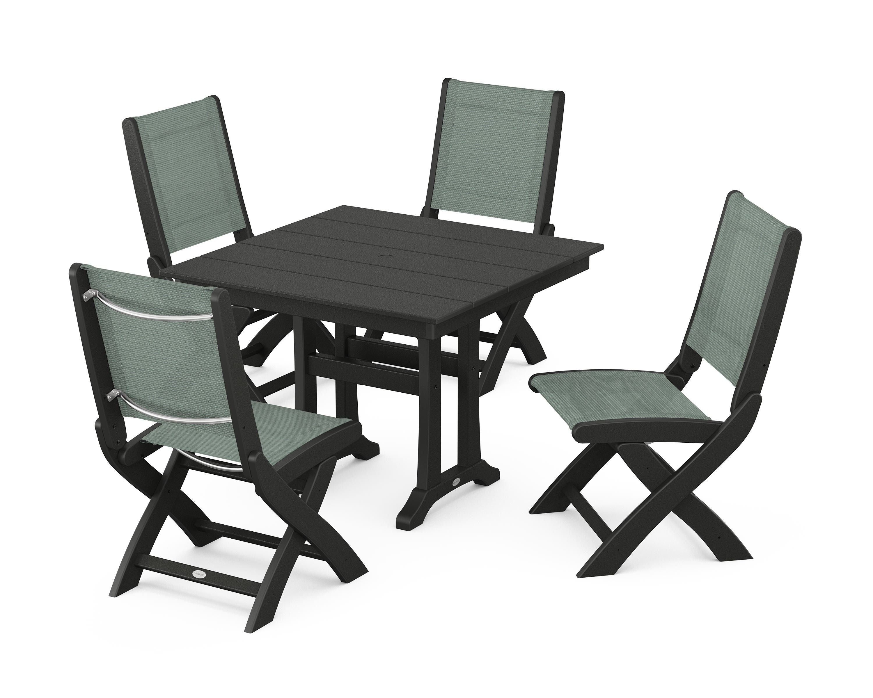 POLYWOOD® Coastal Folding Side Chair 5-Piece Farmhouse Dining Set With Trestle Legs in Black / Dupioni Sea Mist Sling
