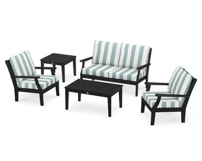 POLYWOOD® Braxton 5-Piece Deep Seating Set in Black / Cabana Stripe Glacier Spa