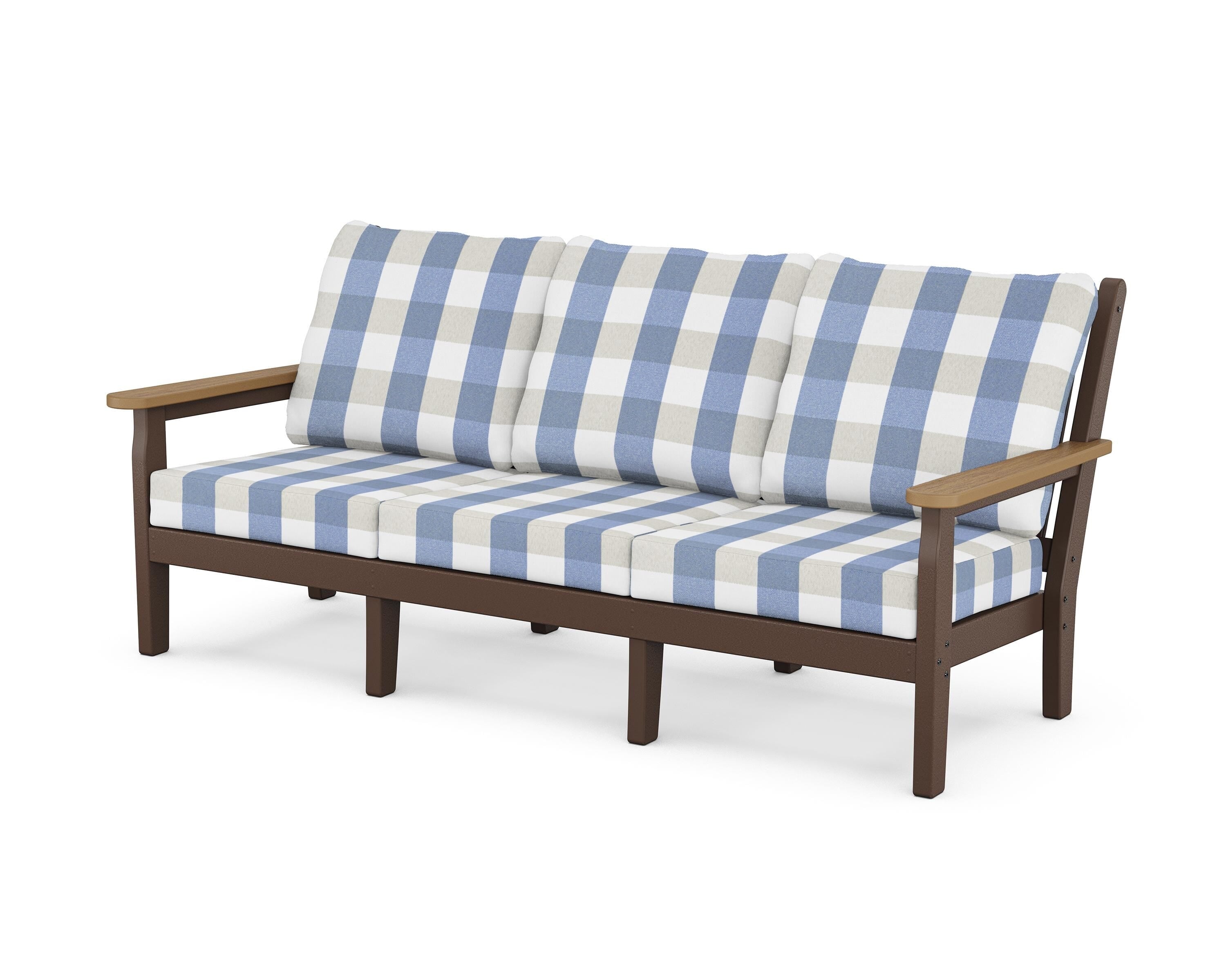 POLYWOOD® Chippendale Deep Seating Sofa in Mahogany / Natural / Buffalo Plaid Sky Blue