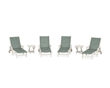 POLYWOOD® Coastal Chaise 6-Piece Set with Wheels in Sand / Dupioni Sea Mist Sling
