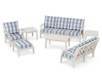 Country Living Wovendale 7-Piece Deep Seating Set in Sand / Buffalo Plaid Sky Blue