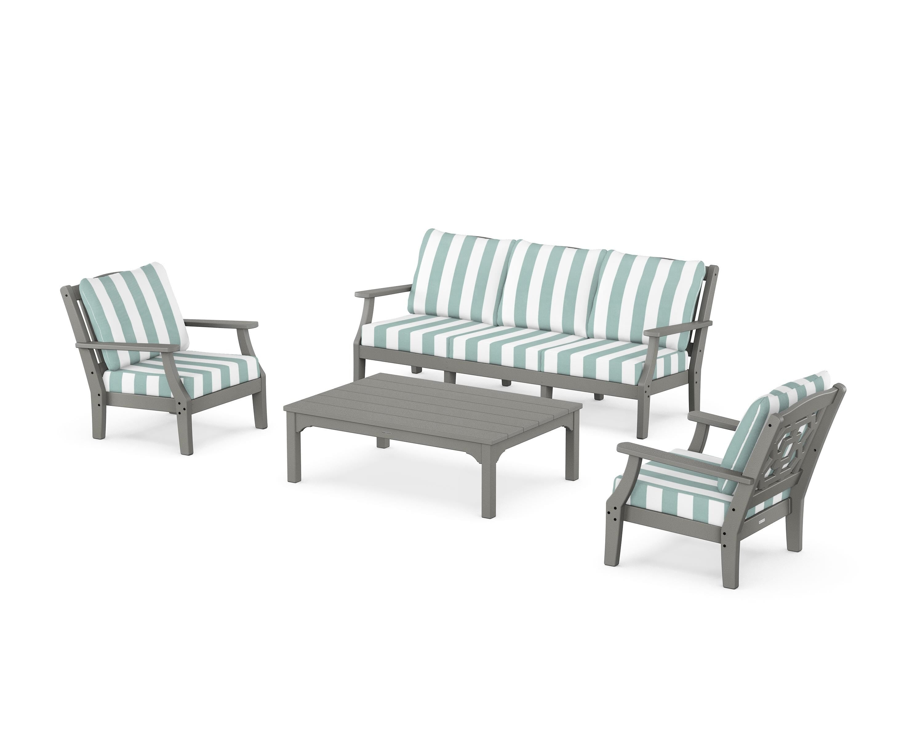 Martha Stewart by POLYWOOD® Chinoiserie 4-Piece Deep Seating Set with Sofa in Slate Grey / Cabana Stripe Glacier Spa