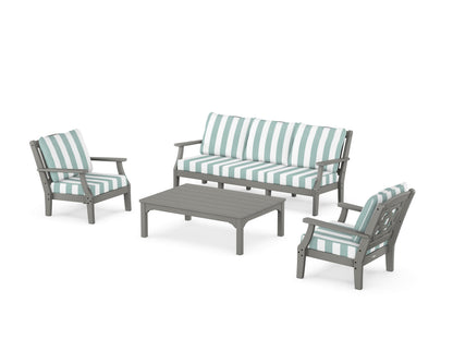 Martha Stewart by POLYWOOD® Chinoiserie 4-Piece Deep Seating Set with Sofa in Slate Grey / Cabana Stripe Glacier Spa