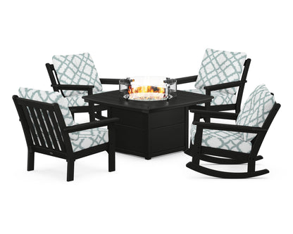 POLYWOOD® Vineyard 5-Piece Deep Seating Rocking Chair Conversation Set with Fire Pit Table in Black / Trellis Glacier Spa