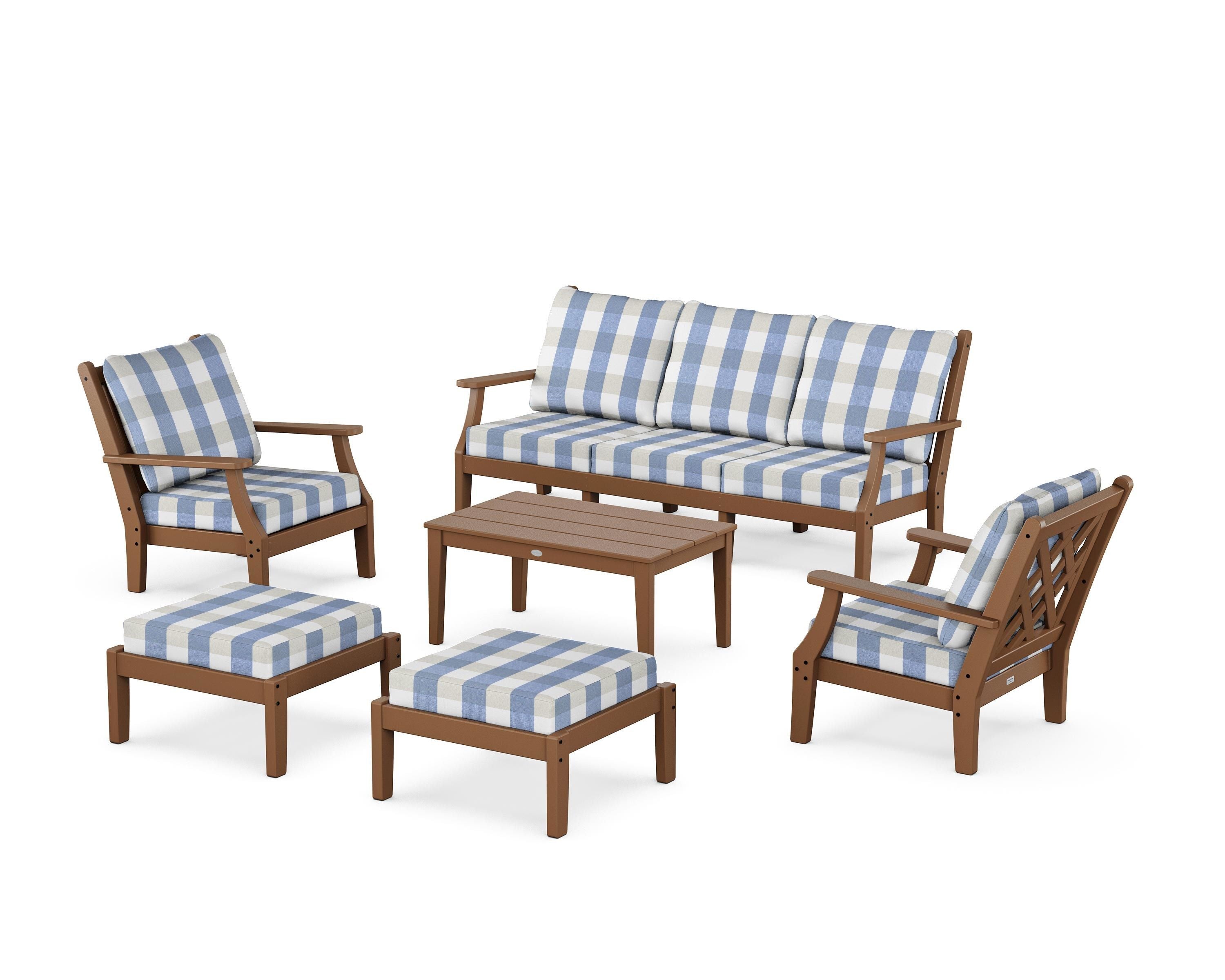 Country Living Wovendale 6-Piece Lounge Sofa Set in Teak / Buffalo Plaid Sky Blue