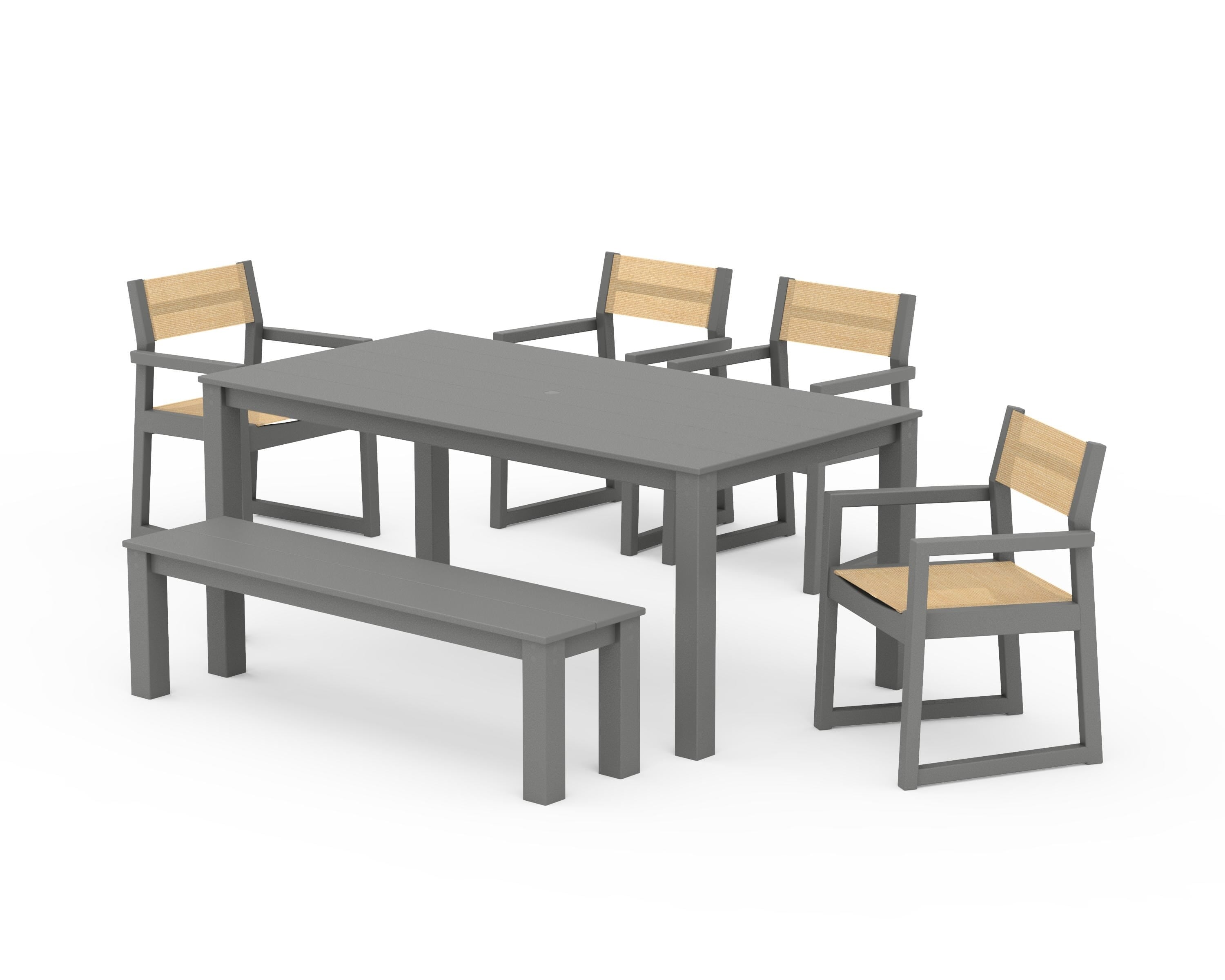 POLYWOOD® EDGE Sling Arm Chair 6-Piece Parsons Dining Set with Bench in Slate Grey / Dupioni Apricot Sling