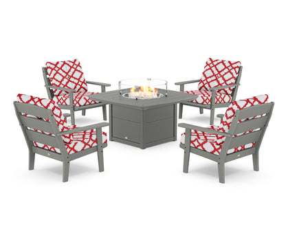 POLYWOOD® Lakeside 5-Piece Deep Seating Set with Nautical Fire Pit Table in Slate Grey / Trellis Crimson