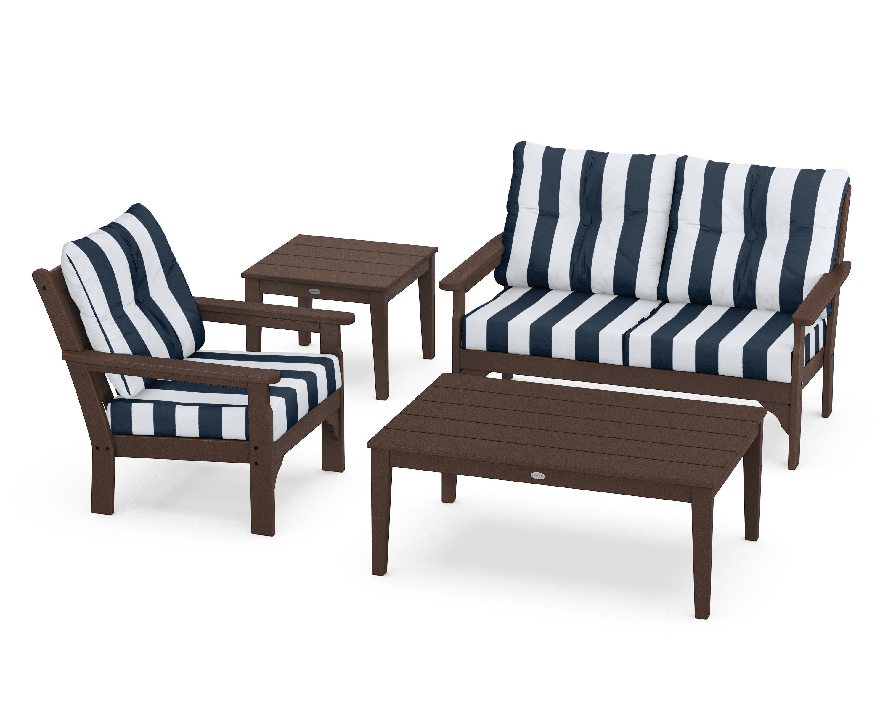 POLYWOOD® Vineyard 4-Piece Deep Seating Set in Mahogany / Cabana Stripe Marine Indigo