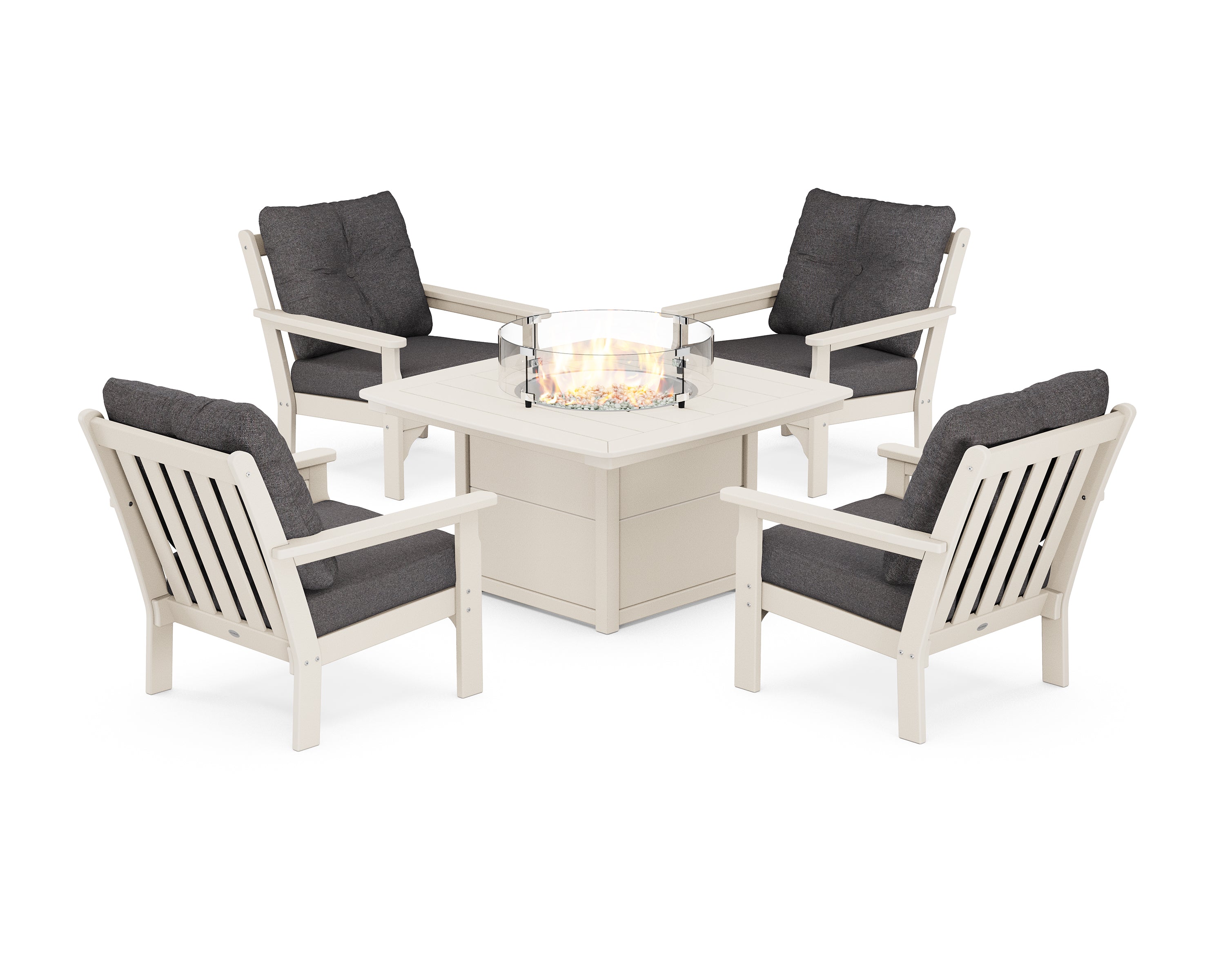 POLYWOOD® Vineyard 5-Piece Conversation Set with Fire Pit Table in Sand / Ash Charcoal
