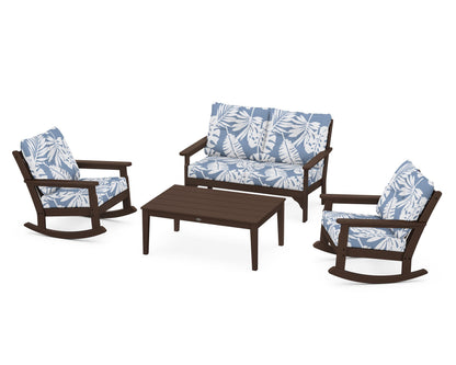POLYWOOD® Vineyard 4-Piece Deep Seating Rocking Chair Set in Mahogany / Leaf Sky Blue