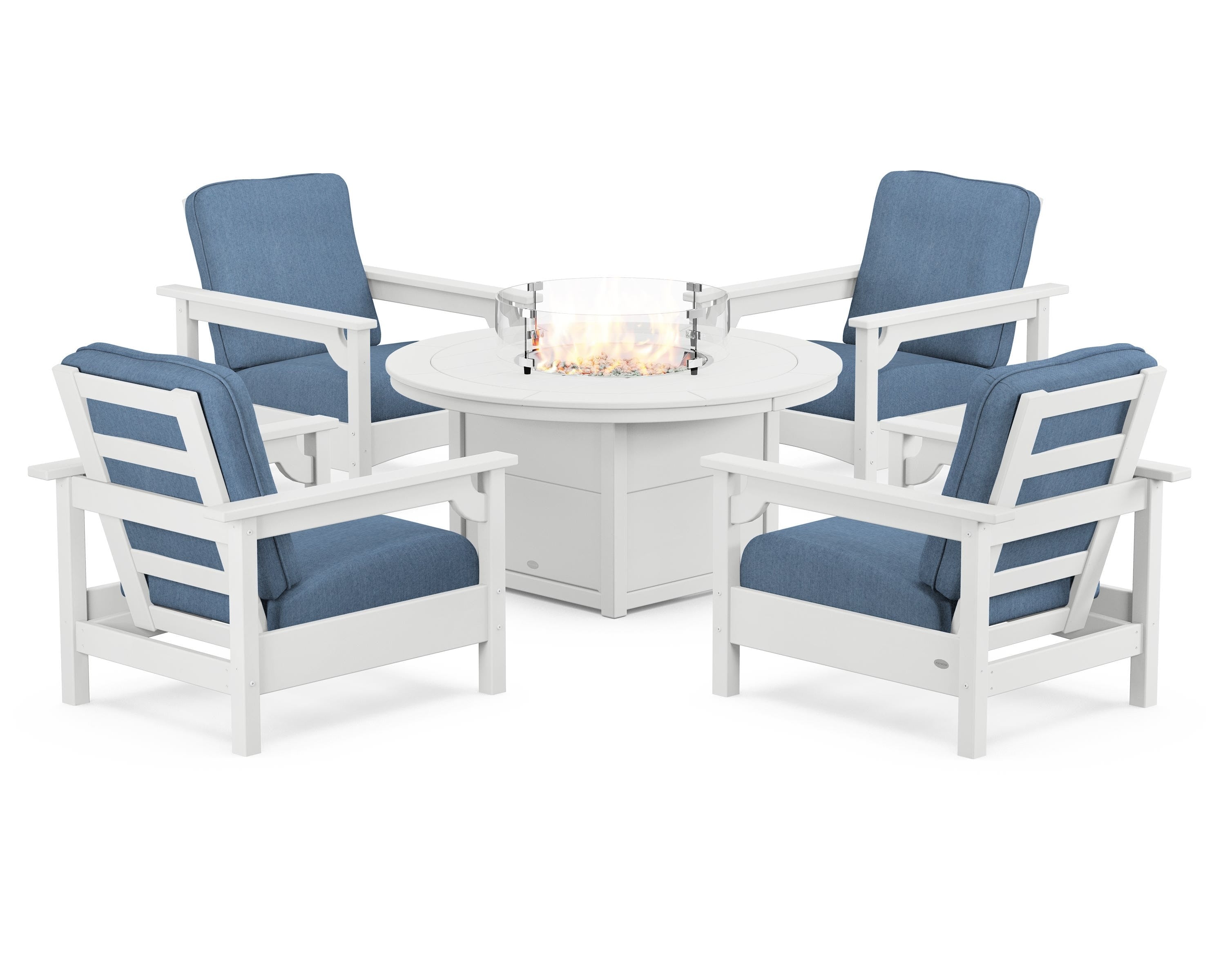 POLYWOOD® Club 5-Piece Conversation Set with Fire Pit Table in White / Sky Blue