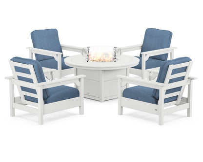 POLYWOOD® Club 5-Piece Conversation Set with Fire Pit Table in White / Sky Blue