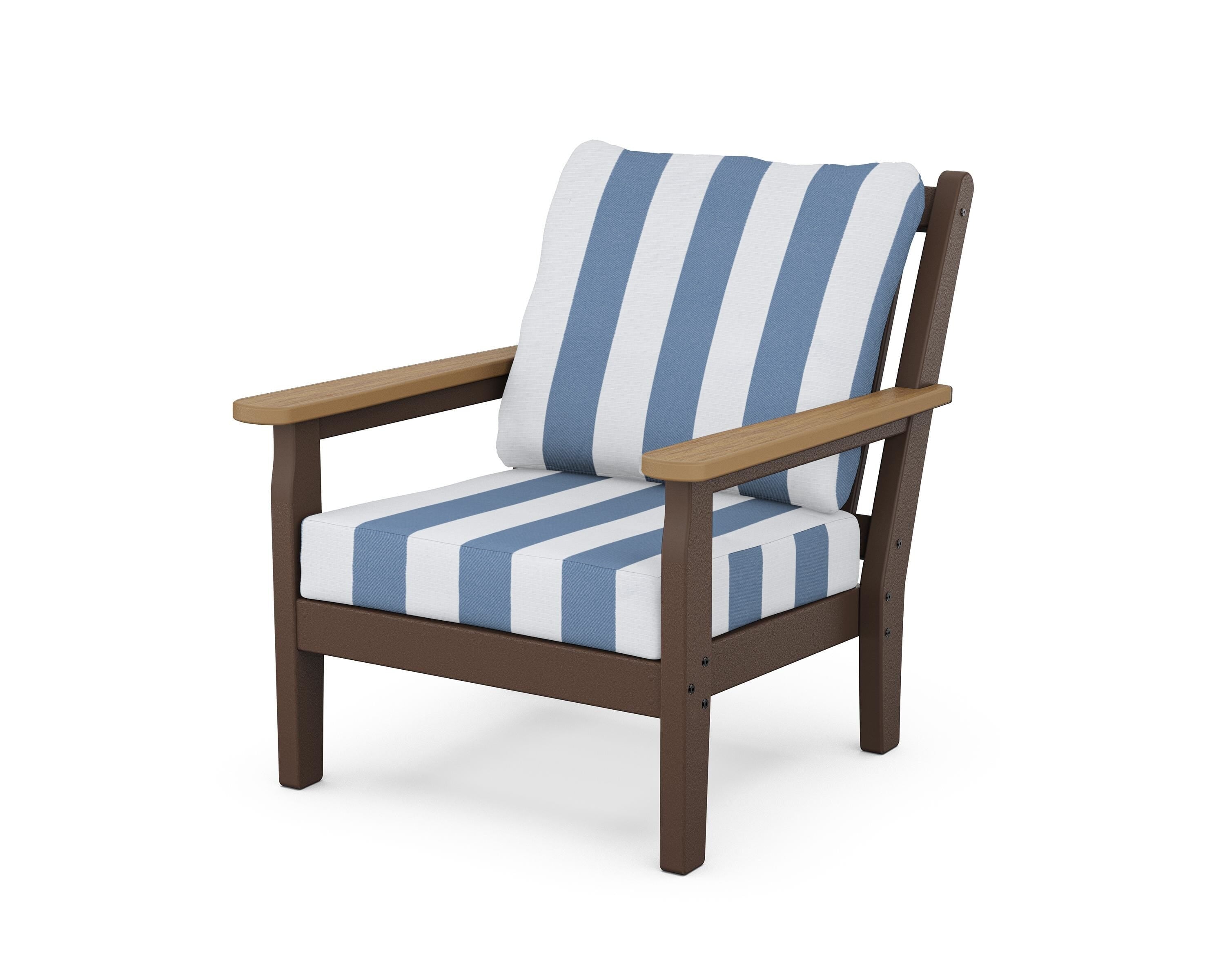 POLYWOOD® Chippendale Deep Seating Chair in Mahogany / Natural / Cabana Stripe Sky Blue
