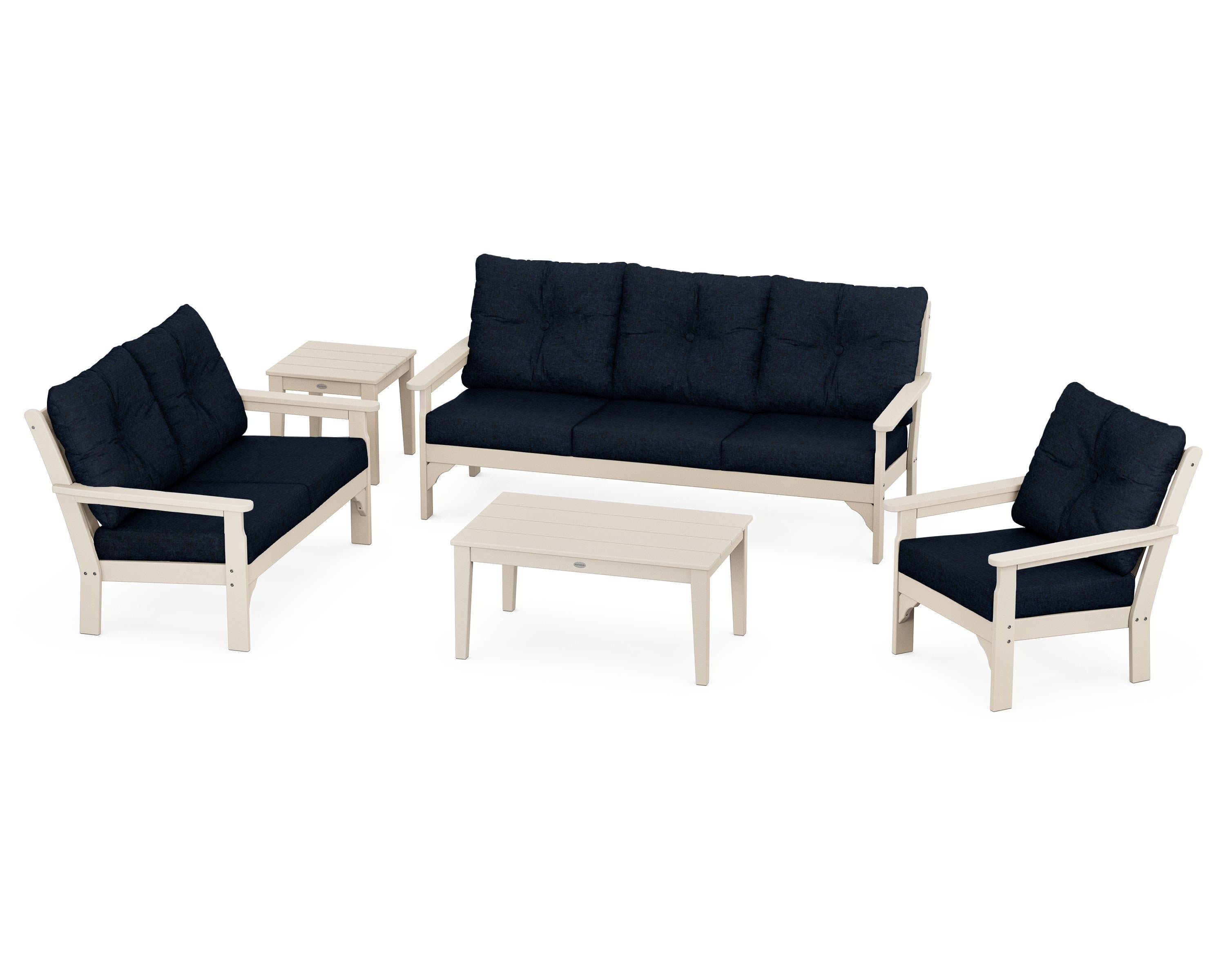 POLYWOOD® Vineyard 5 Piece Deep Seating Set in Sand / Marine Indigo