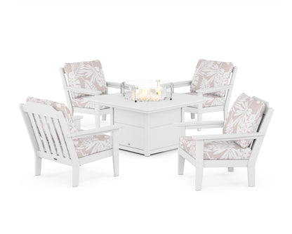 Country Living Cottage 5-Piece Deep Seating Set with Fire Pit Table in White / Leaf Dune Burlap