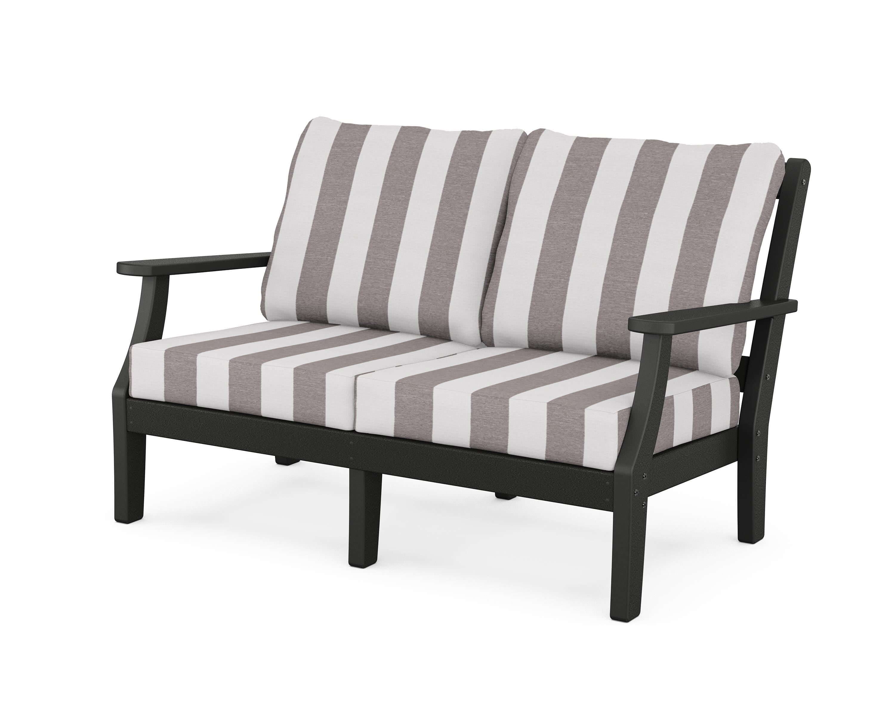 Martha Stewart by POLYWOOD® Chinoiserie Deep Seating Loveseat in Black / Cabana Stripe Grey Mist