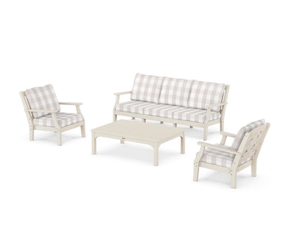 Martha Stewart by POLYWOOD® Chinoiserie 4-Piece Deep Seating Set with Sofa in Sand / Buffalo Plaid Dune Burlap