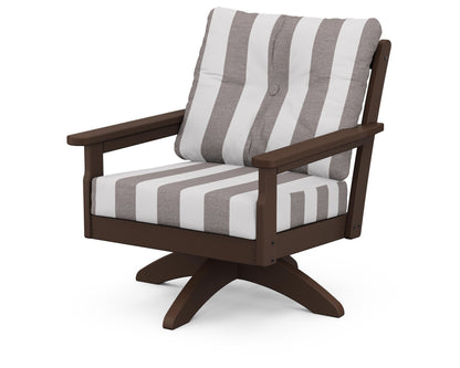 POLYWOOD® Vineyard Deep Seating Swivel Chair in Mahogany / Cabana Stripe Grey Mist
