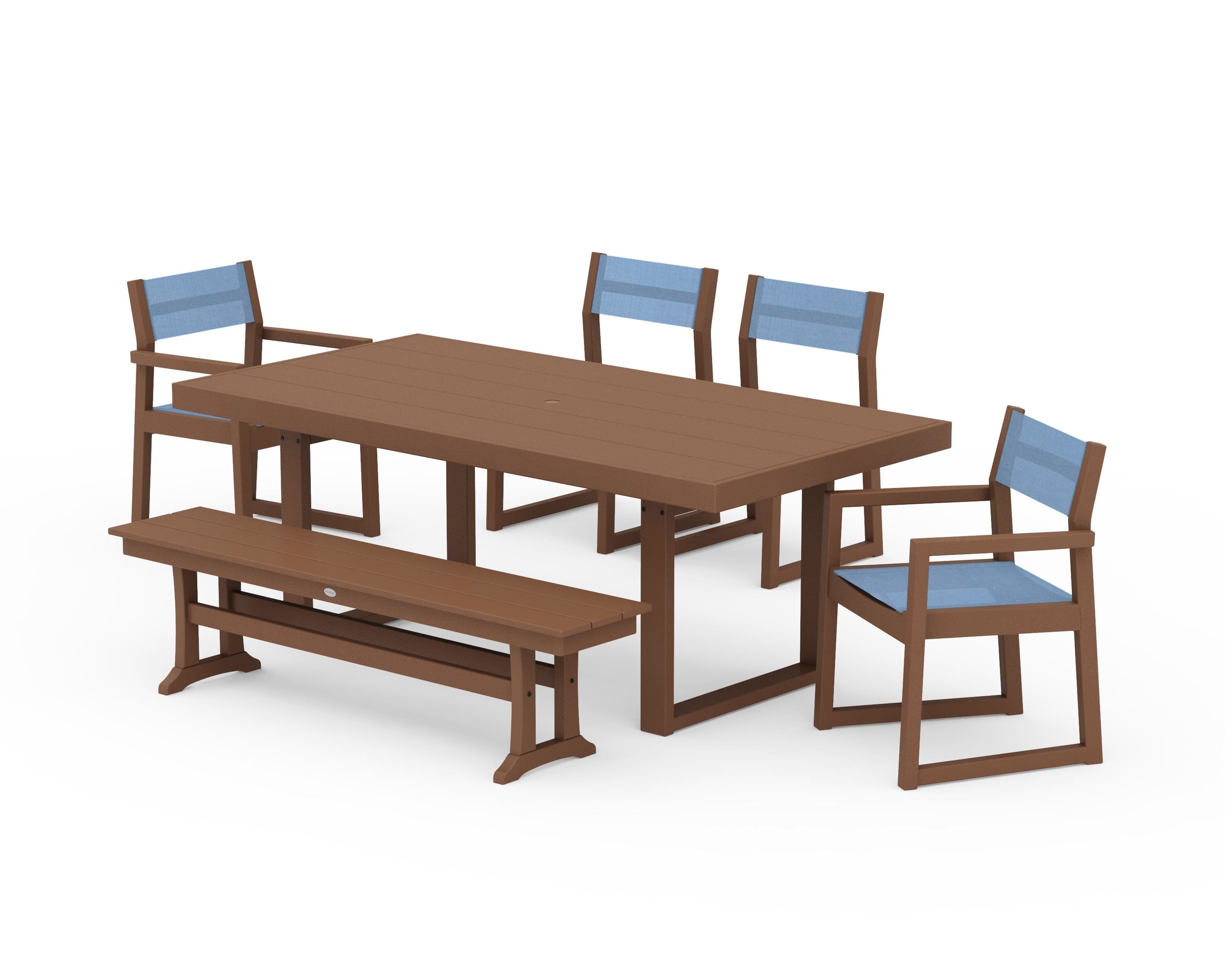 POLYWOOD® EDGE Sling 6-Piece Dining Set with Bench in Teak / Poolside Sling
