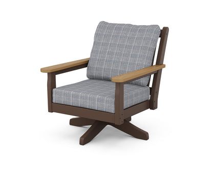 POLYWOOD® Chippendale Deep Seating Swivel Chair in Mahogany / Natural / Houndstooth Sky Blue