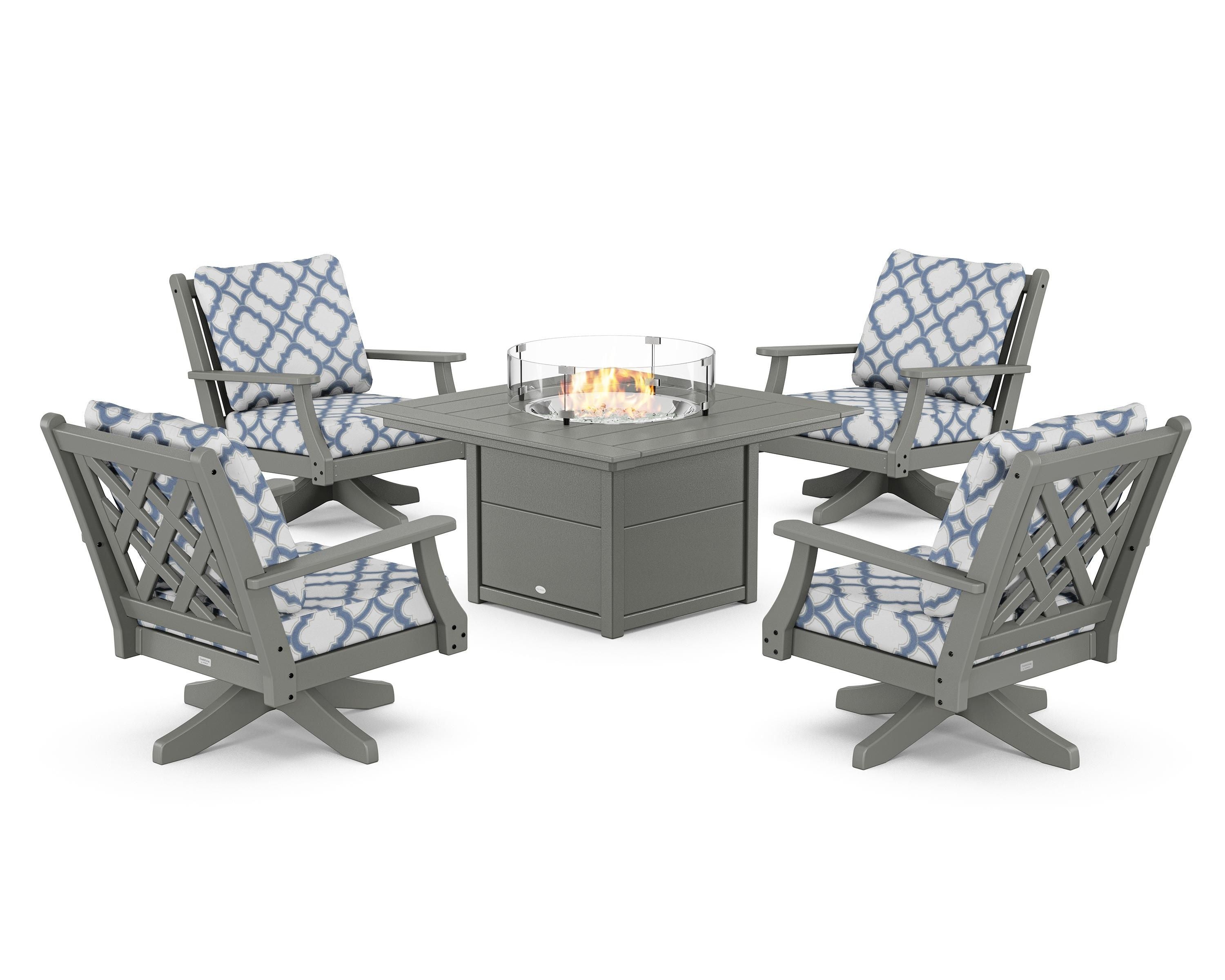 Country Living Wovendale 5-Piece Deep Seating Swivel Conversation Set with Fire Pit Table in Slate Grey / Trellis Sky Blue