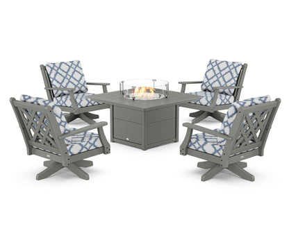 Country Living Wovendale 5-Piece Deep Seating Swivel Conversation Set with Fire Pit Table in Slate Grey / Trellis Sky Blue