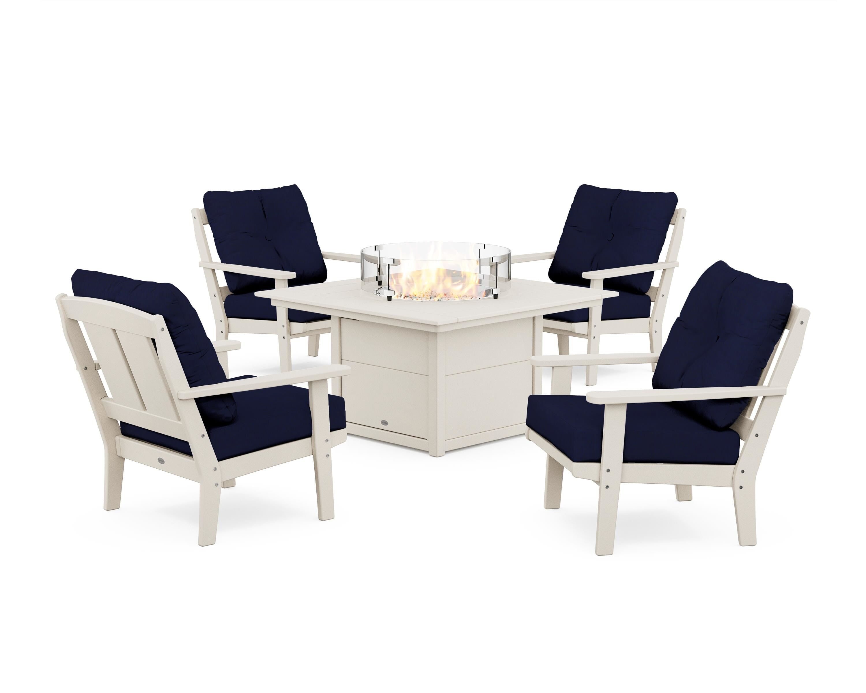 POLYWOOD® Mission 5-Piece Deep Seating Set with Fire Pit Table in Sand / Navy