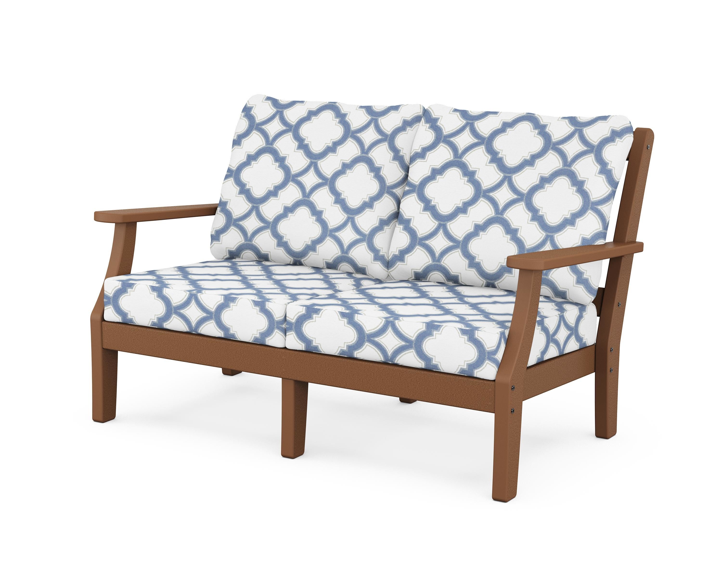 Martha Stewart by POLYWOOD® Chinoiserie Deep Seating Loveseat in Teak / Trellis Sky Blue