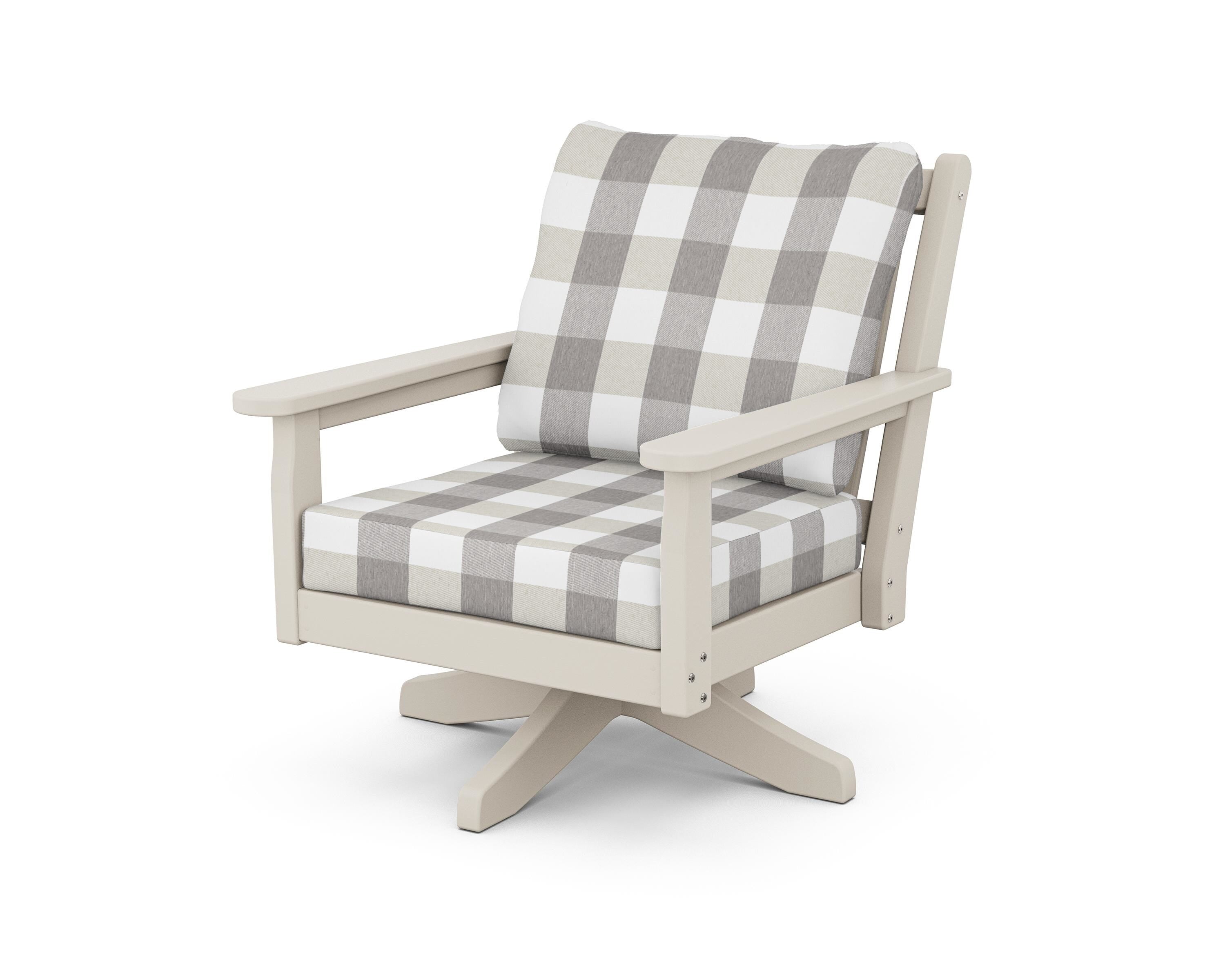 POLYWOOD® Chippendale Deep Seating Swivel Chair in Sand / Buffalo Plaid Grey Mist