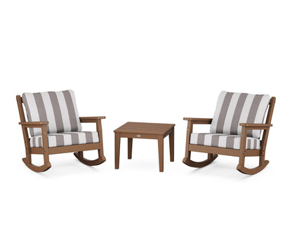 POLYWOOD® Chippendale 3-Piece Deep Seating Rocker Set in Teak / Cabana Stripe Grey Mist