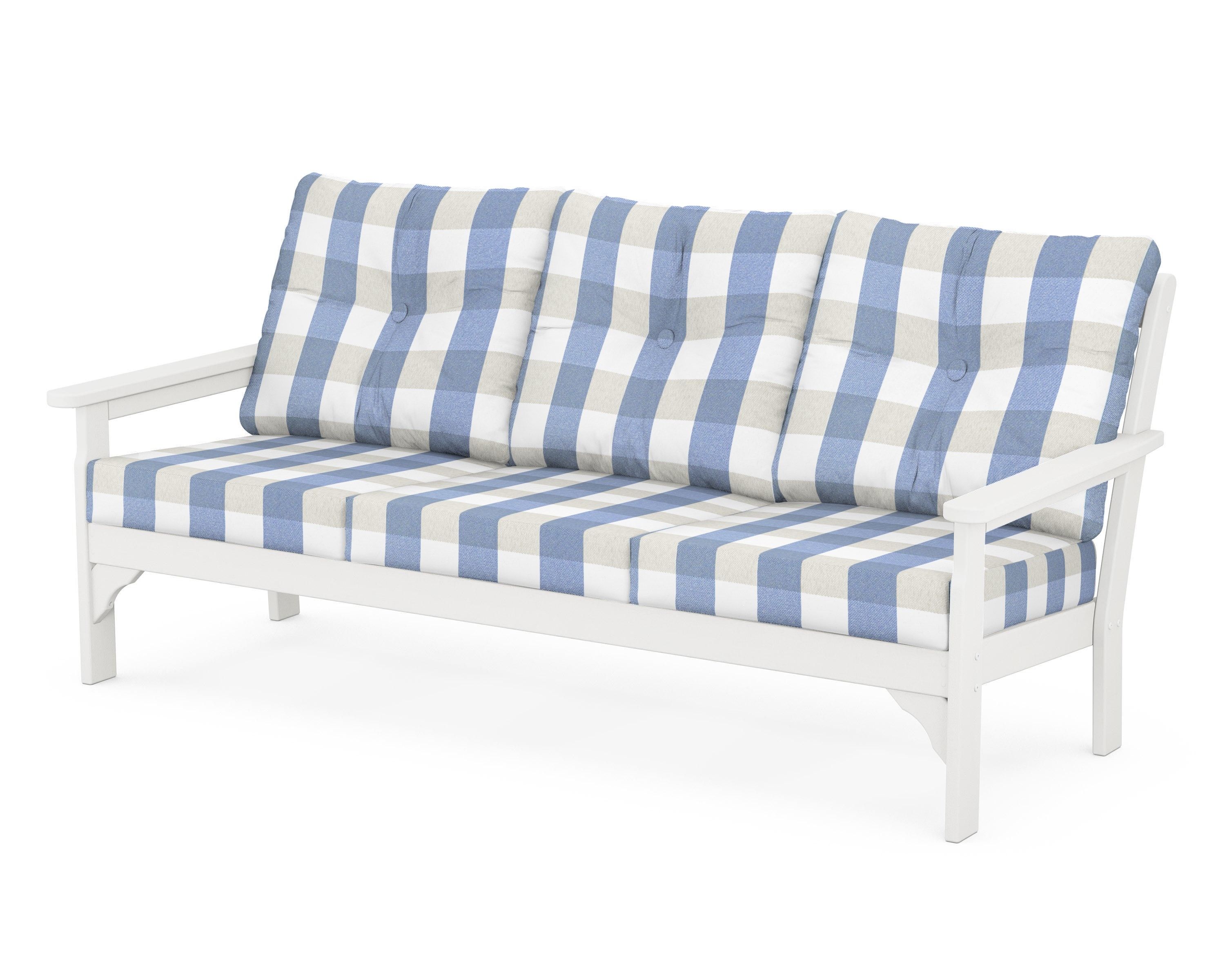 POLYWOOD® Vineyard Deep Seating Sofa in White / Buffalo Plaid Sky Blue