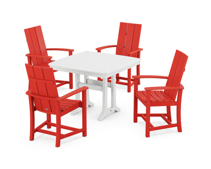 POLYWOOD® Modern Adirondack 5-Piece Dining Set with Trestle Legs in Sunset Red / White