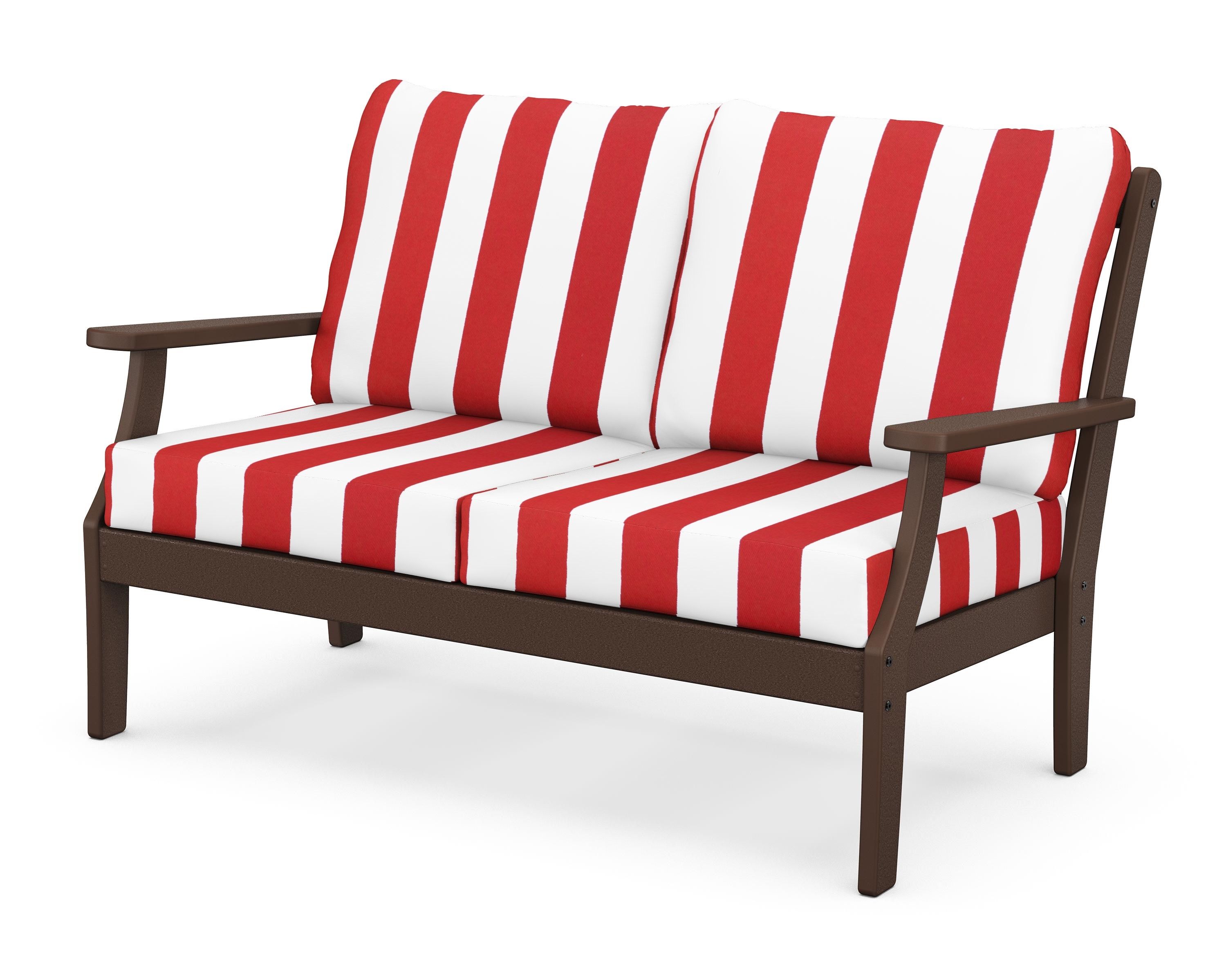 POLYWOOD® Braxton Deep Seating Loveseat in Mahogany / Cabana Stripe Crimson