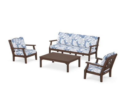 Martha Stewart by POLYWOOD® Chinoiserie 4-Piece Deep Seating Set with Sofa in Mahogany / Leaf Sky Blue