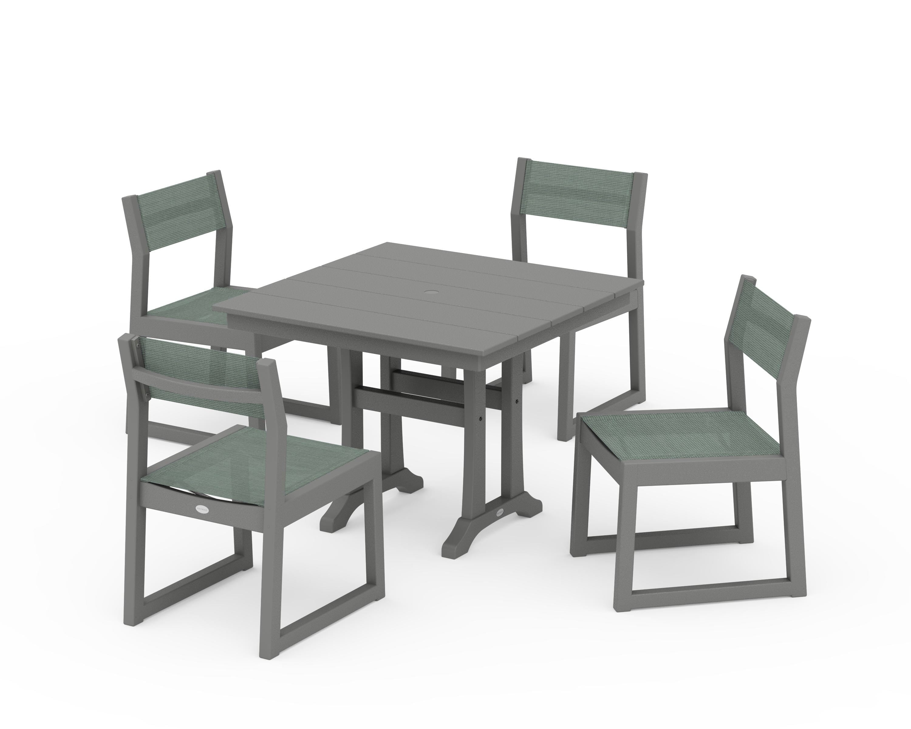 POLYWOOD® EDGE Sling 5-Piece Farmhouse Trestle Side Chair Dining Set in Slate Grey / Dupioni Sea Mist Sling