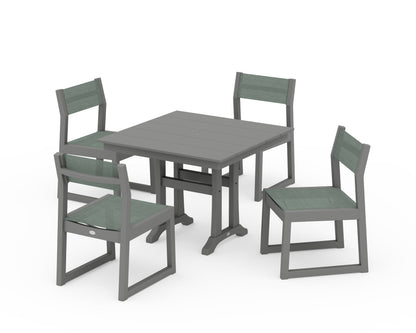 POLYWOOD® EDGE Sling 5-Piece Farmhouse Trestle Side Chair Dining Set in Slate Grey / Dupioni Sea Mist Sling