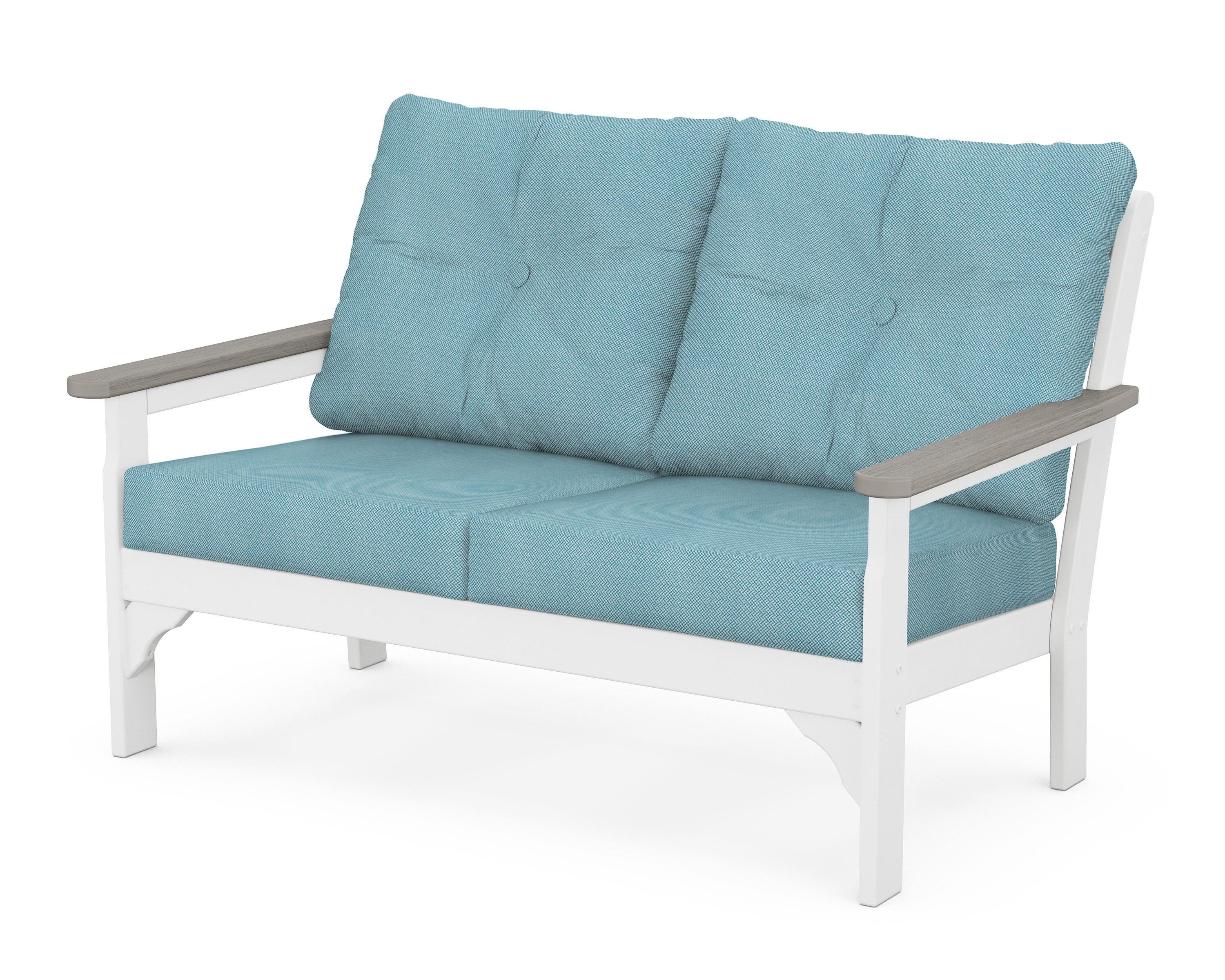 POLYWOOD® Vineyard Deep Seating Loveseat in White / Driftwood / Lattice Sky Blue