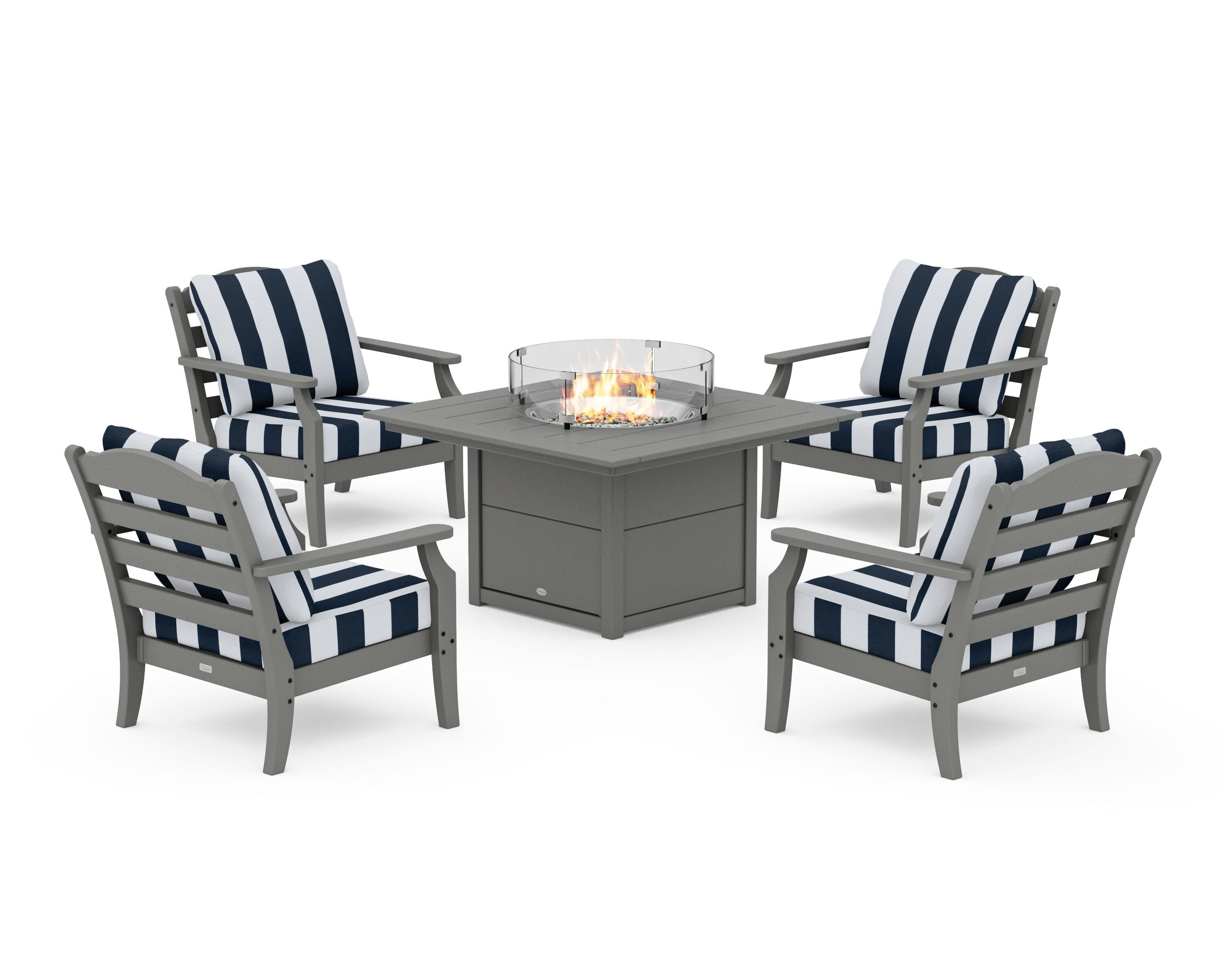 Draper James™ by  POLYWOOD® Savannah 5-Piece Deep Seating Set with Fire Pit Table in Slate Grey / Cabana Stripe Marine Indigo