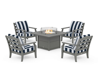 Draper James™ by  POLYWOOD® Savannah 5-Piece Deep Seating Set with Fire Pit Table in Slate Grey / Cabana Stripe Marine Indigo