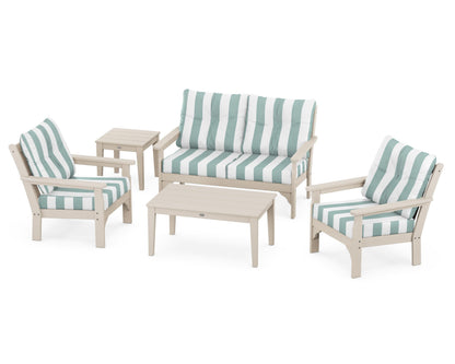 POLYWOOD® Vineyard 5-Piece Deep Seating Set in Sand / Cabana Stripe Glacier Spa